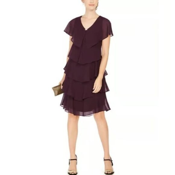SLNY Womens Tiered Ruffle Midi Dress Size 4 Plum Flutter Sleeves Chiffon V-Neck - Picture 1 of 14